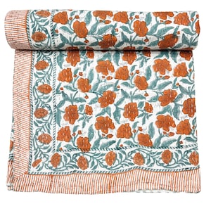 Orange Floral Kantha Quilted Hand Block Print Kantha Quilt Orange Block Print Kantha Bedspread Kantha Quilt Blanket King Size Kantha bedding