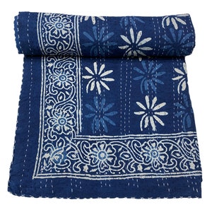 Indigo Blue Block Printed Kantha Quilt Handmade Throw Blanket Bedspread Cotton Fabric BOHEMIAN boho quilt Cotton king size Bedspread Blanket