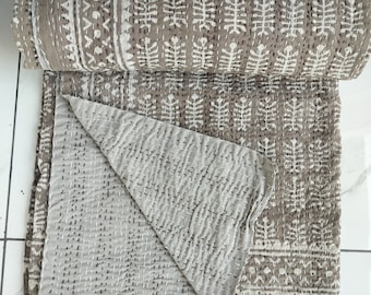 Grey scalloped edge Kantha Quilt Indian Hand Block Print Kantha Grey Quilt Indian Grey bedding throw kantha quilt , floral hand made gifts