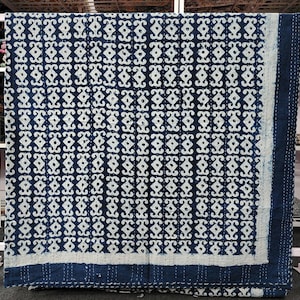 Indian Indigo Blue Block Print Kantha Quilt Sofa Cover Cotton Kantha Throw Blanket Bedspread Throw Handmade Quilt King Bed Cover Bedding