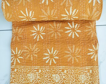 Kantha Indian Kantha quilt kantha quilt Queen block print quilted Indian kantha Quilt Beige Indian kantha bedspread Indian Hand Block Print