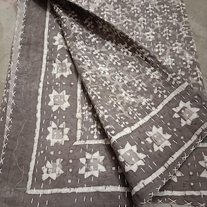 Grey Kantha Quilt: Handmade Cotton Bedspread, Lightweight Blanket (108x90 Inch Double/Queen Size