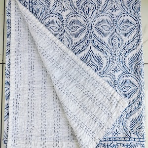 Kantha Indian Kantha quilt kantha quilt Queen block print quilted Indian kantha Quilt Blue Indian kantha bedspread Indian Hand Block Print