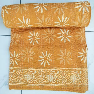 Mustard Floral Kantha Quilt: Handmade Indian Cotton Bedspread