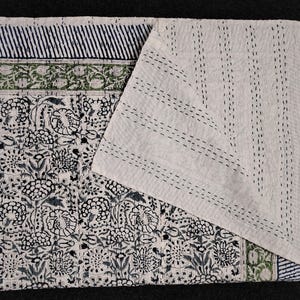 blue white floral print Kantha Hand Stitch Pure Cotton Reversible Throw Quilt handmade block print queen king size kantha quilt bed cover