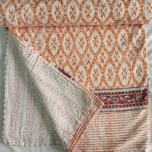Indian Throw Orange floral Bedspread King Size Hand Block Print Cotton Kantha Handmade orange Quilt Bed Cover Blanket Gift for her