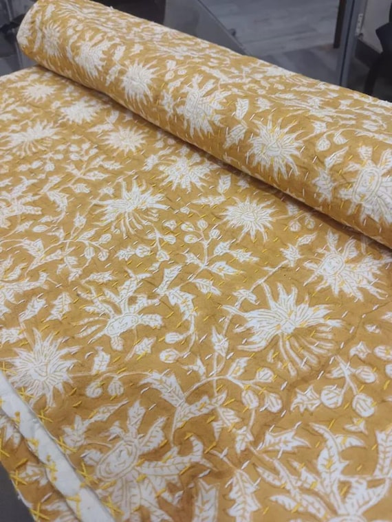 Yellow White Kantha Stitch Cotton Bedspread: Reversible Floral