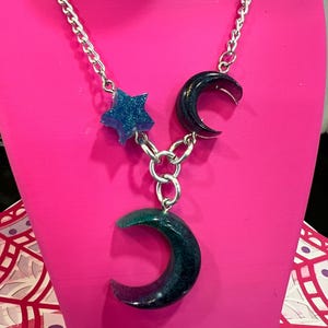 Cosmic Harmony Moon and Star Resin Pendant Necklace
