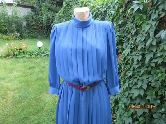 Vintage Gina Bacconi Blue Pleated Dress: Turtleneck, Midi, UK10 Vintage Gina Bacconi Blue Pleated Dress: Turtleneck, Midi, UK10