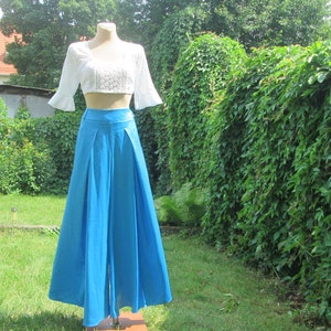 Blue Wide Leg Satin Pants: Vintage High Slit Trousers EUR38/UK10