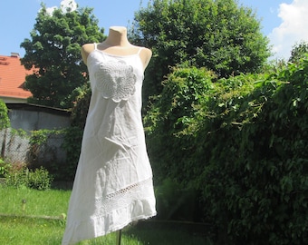 Linen with Cotton Dress Vintage: White, Sleeveless, Summer Sundress, Asymmetrical, Crochet Lace, Size L