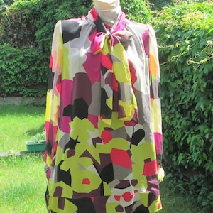FRENCH CONNECTION Silk Blouse: High Neck Bow, Colorful Designer Top (Size 12/14