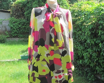 FRENCH CONNECTION Silk Blouse: High Neck Bow, Colorful, Designer, Top Size 12/14