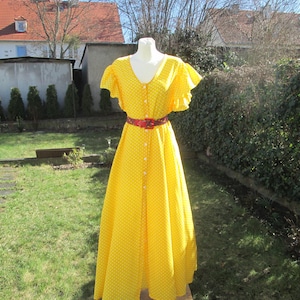 Vintage Polka Dot Maxi Dress: Yellow Buttoned Long Dress