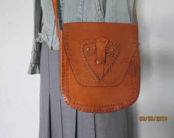 Rare 70s Leather Crossbody Bag Vintage: Handmade, Camel, Boho Purse