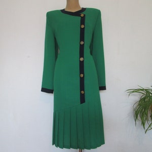 Jacques Vert Wool Dress: Green Pleated Vintage Designer Dress (UK 14/16)