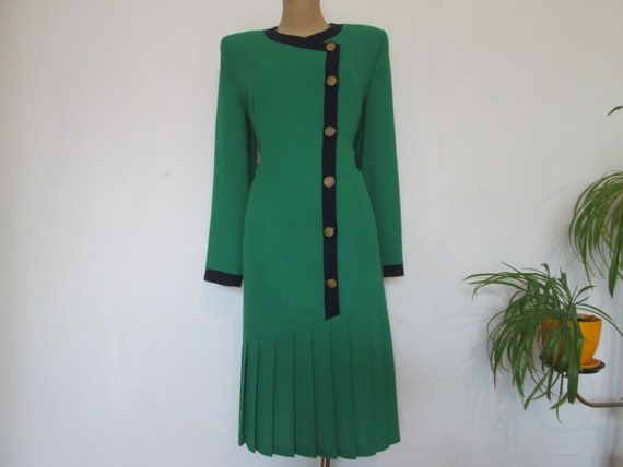jacques vert green dress Vintage Jacques Vert Green Wool Midi Dress: Pleated Hem, Gold Buttons