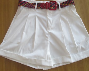 Vintage White Pleated Shorts: High Waist Summer Casual (Pockets)