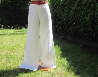 White Linen Palazzo Trousers: Wide Leg Boho Style Pants (UK 16)