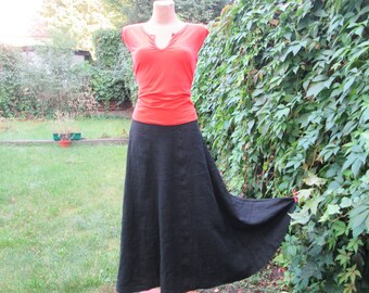 Long / Maxi Linen Skirt / Flared Linen Skirt / Rare Skirt Vintage / Linen Skirt Black / Size EUR 42 / 44 UK14 / 16 / Skirt for Tall