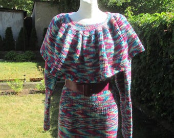 Vestido vintage de punto a mano, raro, midi, con cuello, talla 16 (Reino Unido)