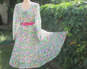 Rare Dress Vintage / From TREVIRA  Dress 60s / 70s / Size UK16 / Dress Floral Midi / Circle Dress Floral