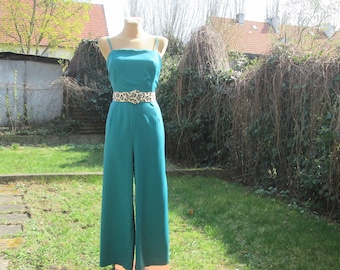 Tuta a gamba larga verde smeraldo: tuta vintage in poliestere setoso, taglia L