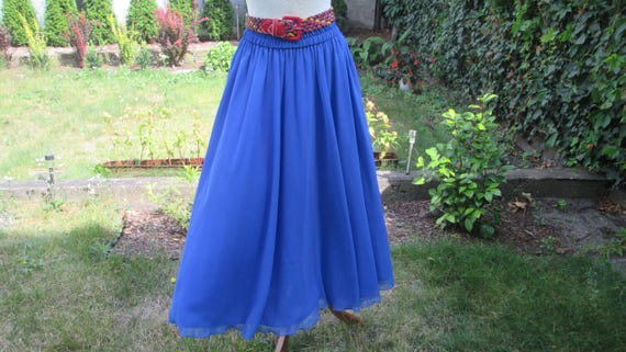 Lange cirkelrok cirkelrok blauw zeldzame rok vintage elastische rok maat UK16 18 rok met hoge taille Etsy Nederland