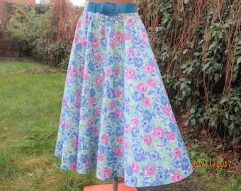 Vintage Floral Circle Skirt – Green, Blue, Pink Polyester Summer Skirt