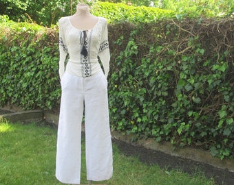 Rare Linen Pants / White Linen Pants / Womens Pants / Linen Trousers / Womens Linen Pants / Size UK10 / 12 / Wide Legs / Pockets