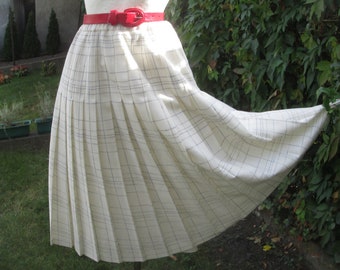 Wool Pleated Skirt / Checkered Wool Skirt / Woolen Skirt / Rare Wool Skirt Vintage / Size EUR44 / UK16 / Wool Skirt Cream