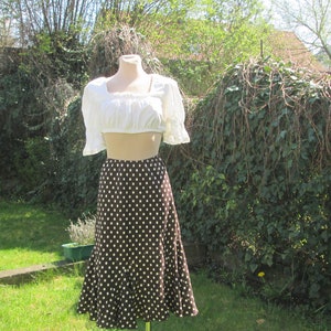 Vintage Linen Polka Dot Skirt: Brown & White, Elastic Waist (EUR40/UK12)
