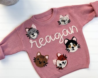 Cat Sweater, Personalized Hand Embroidered Sweater, Baby Sweater, Toddler Sweater, Embroidered Name Sweater, Chunky Knit