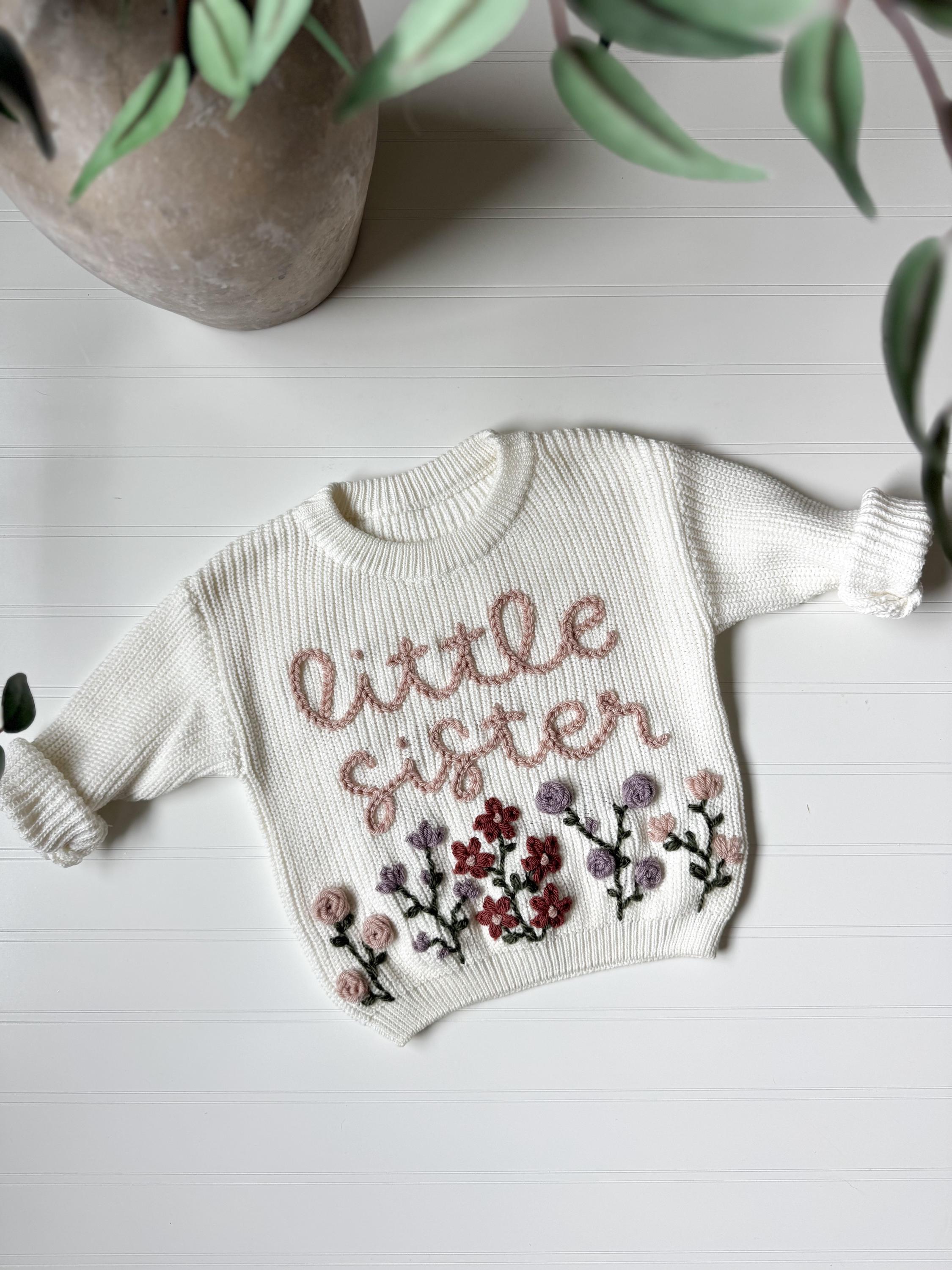 Hand Embroidered Wildflower Name Sweater: Personalized Cotton Keepsake