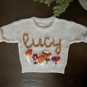 Personalized Retro Baby Hand Embroidered Sweater, Baby Mushroom Sweater, Toddler Sweater, Embroidered Name Sweater, Chunky Knit