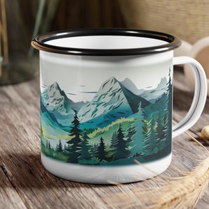 Majestic Peaks Enamel Mug: 12oz Mountain Scene Design for Outdoor Enthusiasts. Mountain Scene Mug. Mountain Peaks. Paper Cut Art.