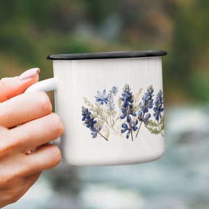 Bluebonnet-themed Enamel Camping Mug. Sip 'n' Stroll in the Wild: Embrace Outdoor Vibes. Bluebonnet mug. Camping Mug, Texas Mug.