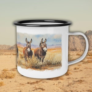 Vibrant Desert Burros Enamel Mug for Donkey Lovers, Desert Enamel Mug, Camping Coffee Cup, Outdoor Recreation Backpacking Mug, Camp Cup