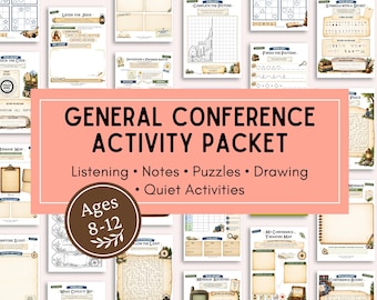 Puede incluir: Un paquete de actividades para la conferencia general para edades de 8 a 12 años con una colección de hojas de trabajo imprimibles. Las páginas incluyen rompecabezas, laberintos, dibujos, secciones de notas y juegos de códigos secretos con ilustraciones.