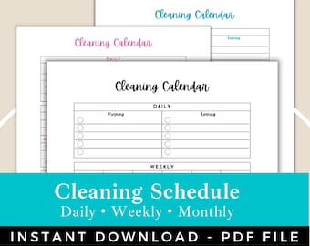 May include: Printable cleaning schedule planner with a black and white design. The planner includes sections for daily, weekly, and monthly cleaning tasks. The text "Cleaning Schedule" is in a large, bold font. The text "Daily, Weekly, Monthly" is in a smaller font. The text "Instant Download - PDF File" is at the bottom of the page.