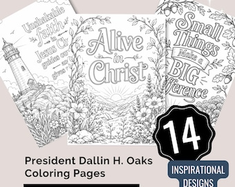 Puede incluir: Tres páginas para colorear en blanco y negro con intrincados diseños de arte lineal. Una página muestra un faro con el texto Unshakable faith in Jesus Christ, otra un paisaje con Alive in Christ, y la tercera bellotas con Small Things Make a BIG Difference. Una insignia negra muestra el texto 14 INSPIRATIONAL DESIGNS.