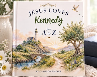 Puede incluir: Un libro de tapa dura titulado Jesus Loves Kennedy from A to Z por Cameron Tanner. La portada presenta una ilustración de un paisaje con un faro sobre un acantilado, un puente de piedra sobre un río, un árbol grande y un amanecer.