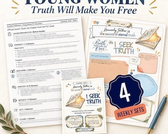 Puede incluir: Un conjunto de PDF imprimible para noviembre de 2026 titulado Young Women Truth Will Make You Free. Incluye cuatro guías de discusión, cuatro diseños de folletos y cuatro páginas de diario con ilustraciones de un libro y espacios.