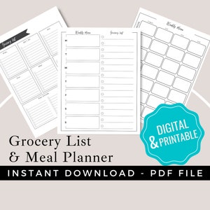 Meal Planner Printable | Weekly Meal Planner and Grocery List Printable PDF | Digital Meal Planner | Weekly Grocery List | A4,LETTER