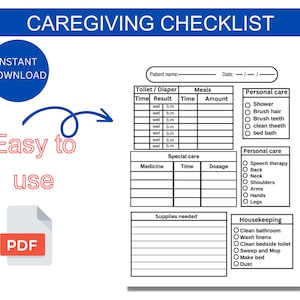 Caregiving Planner, editable Elderly Care Checklist & Care Log Template for Daily Tasks, Housekeeping, and Cleaning