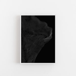 Arte de mapa topográfico, arte de pared invertida en blanco y negro, impresión abstracta grande minimalista, arte mural imprimible digital