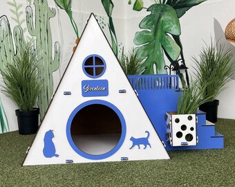 Modern Two-Story Bungalow Cat House, Extra Large Cat Furniture