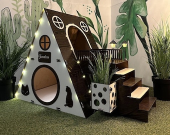 Modern Two-Story Cat House: Indoor Cat Castle with Stairs