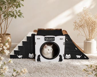 Modern Wooden Cat Castle: Dark Brown & White Cat Playhouse