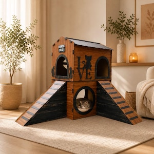 May include: A two-storey wooden cat house with a dark roof and black detailing. The cat house features ramps, cut-out windows, and the word "LOVE" in black lettering. The text "SEVENTEEN DESIGN" is also visible. A cat is sleeping inside the lower level.